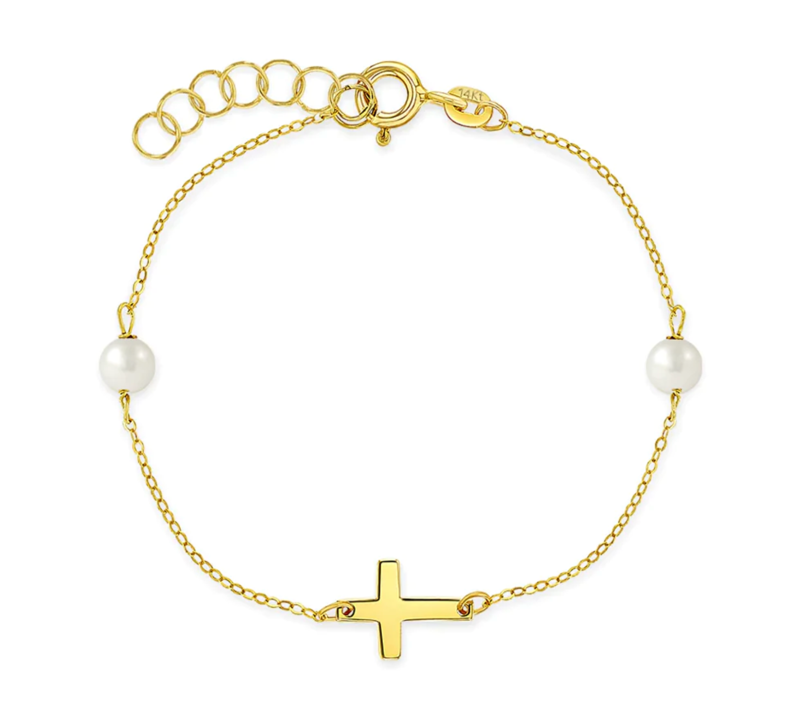 14k Gold 5-6" Polished Cross Bracelet Simulated Pearl